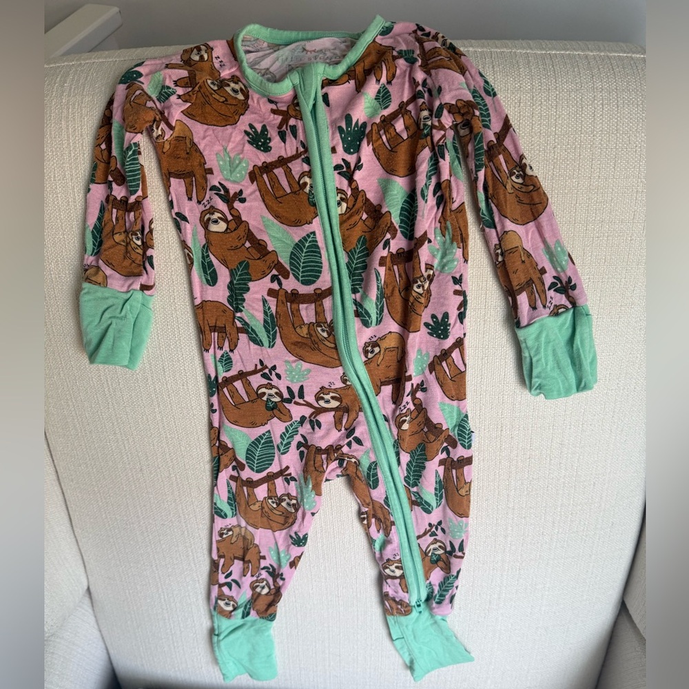 Little Sleepies Pink Sloth Print Footed One-Piece with Mint Trim